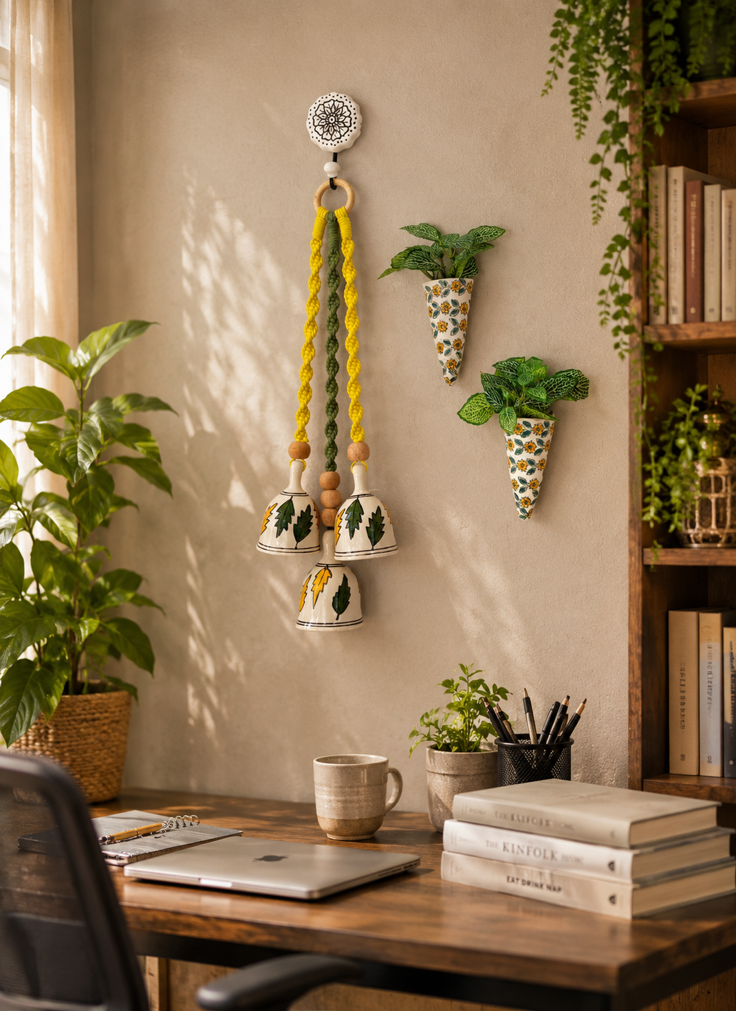 Green Leaf Ceramic Bells & Yellow Floral Wall Planter Set