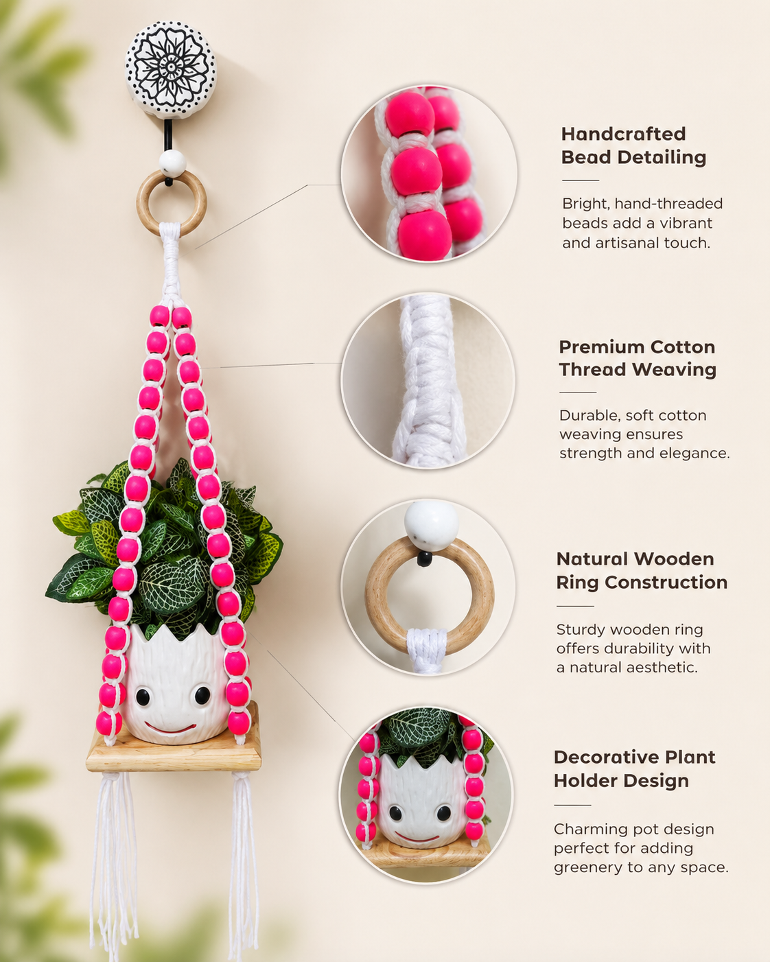 Wooden Boho Beaded Planter Set - Pink