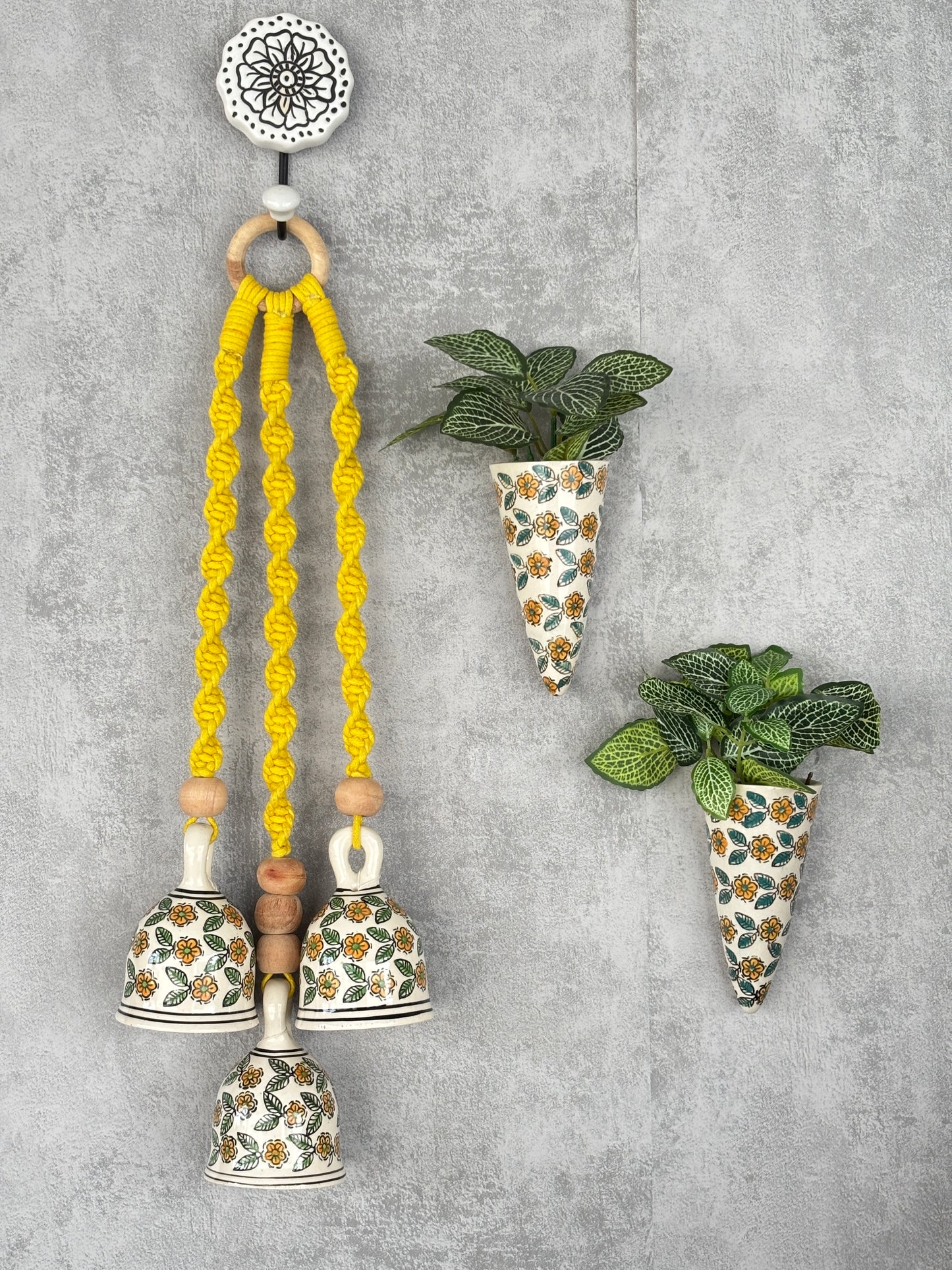 Yellow Floral Ceramic Bells & Wall Planter Combo