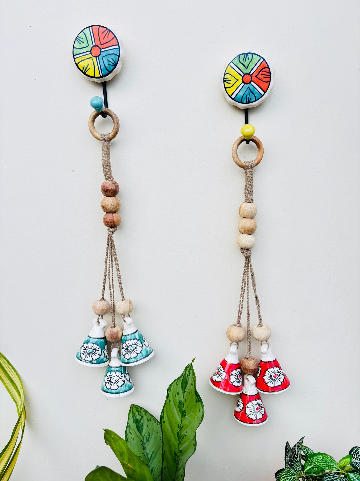 ZenBloom Floral Bell Hanging – Green & Red (Set of 2)