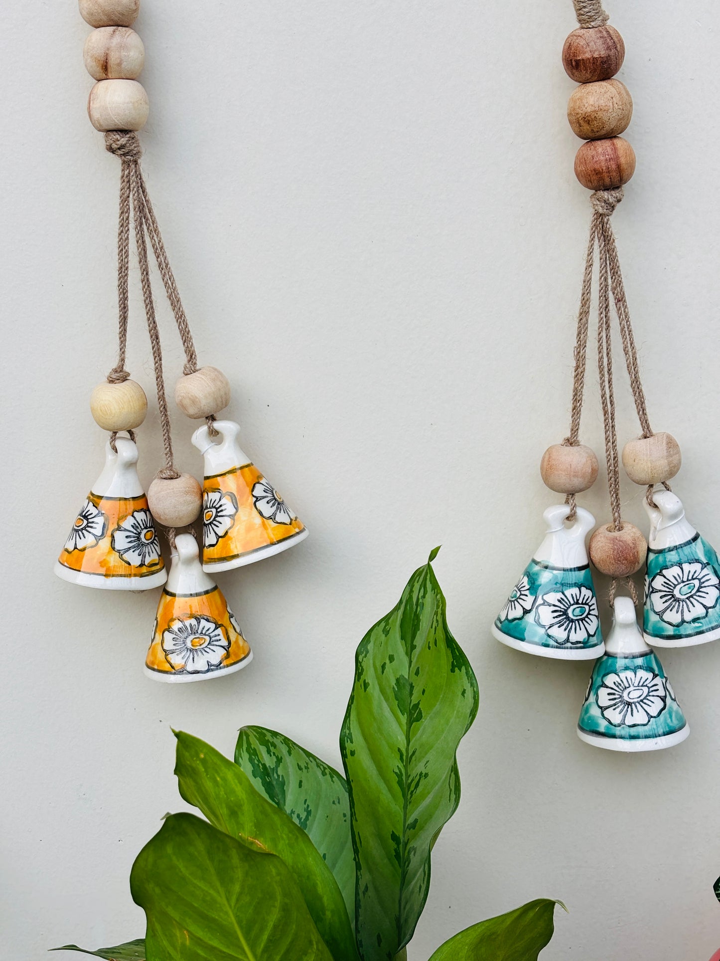 ZenBloom Floral Bell Hanging – Green & Yellow (Set of 2)