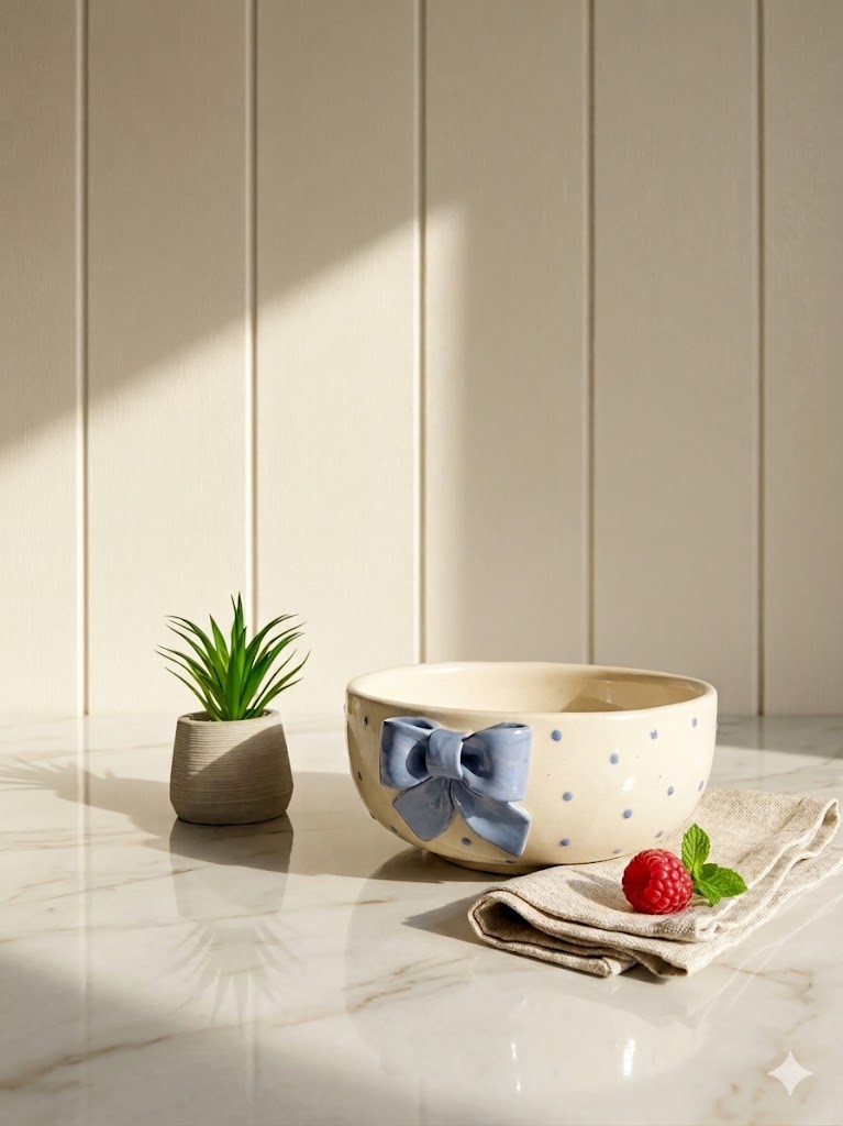 Blush & Blue Bow Cup & Bowl Set – Set of 4