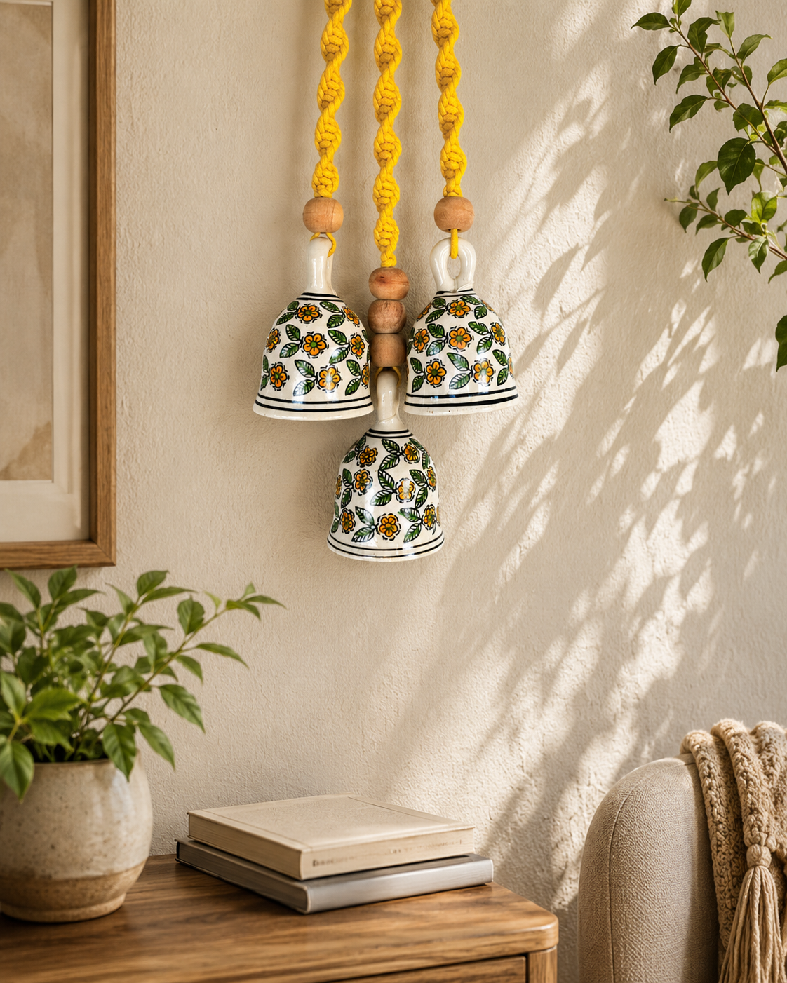 Yellow Floral Ceramic Bells & Wall Planter Combo