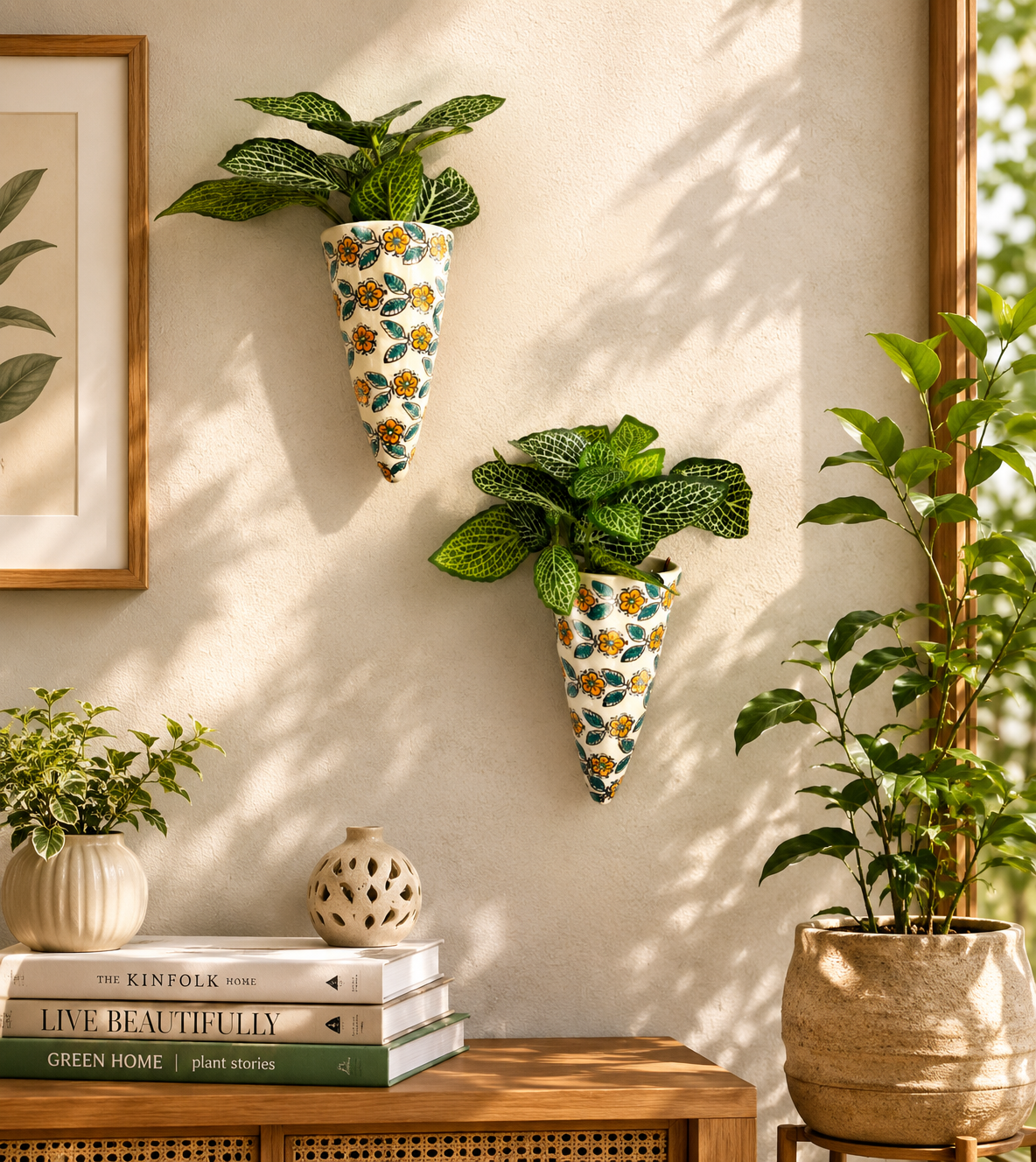 Yellow Floral Ceramic Bells & Wall Planter Combo