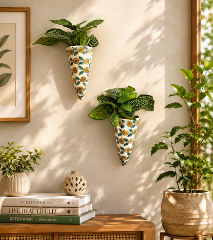 Yellow Floral Ceramic Bells & Wall Planter Combo