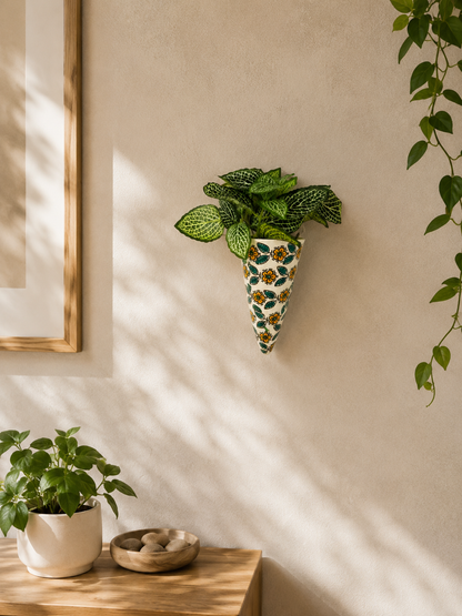 Yellow Floral Ceramic Bells & Wall Planter Combo