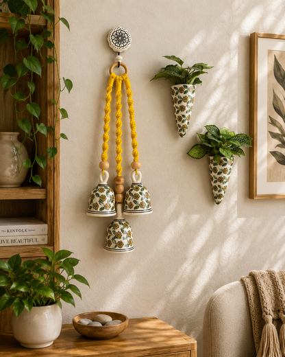 Yellow Floral Ceramic Bells & Wall Planter Combo