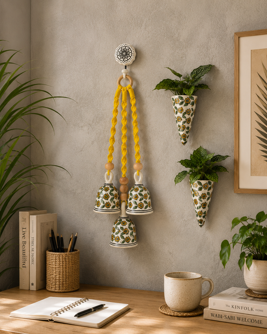 Yellow Floral Ceramic Bells & Wall Planter Combo