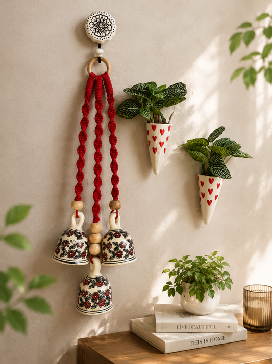 Red Floral Bells with Heart Print Wall Planter Set
