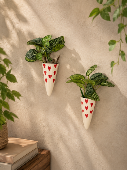 Red Floral Bells with Heart Print Wall Planter Set