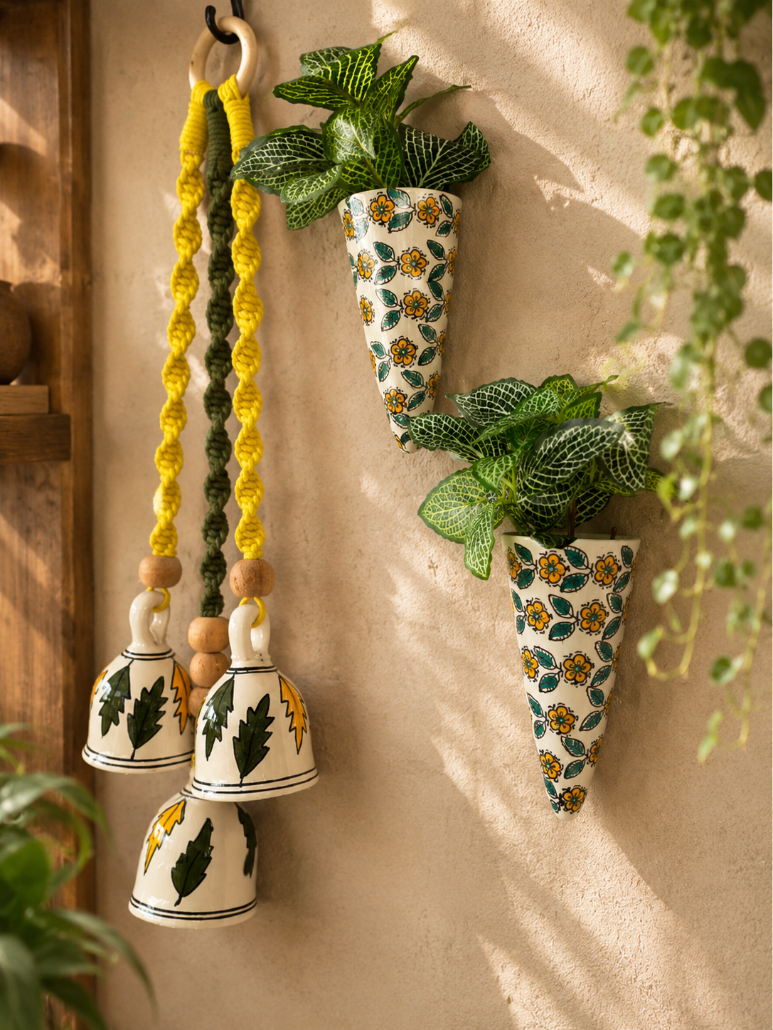 Green Leaf Ceramic Bells & Yellow Floral Wall Planter Set