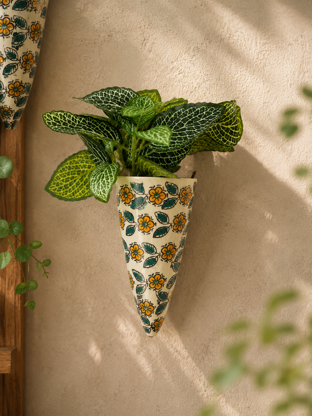 Green Leaf Ceramic Bells & Yellow Floral Wall Planter Set