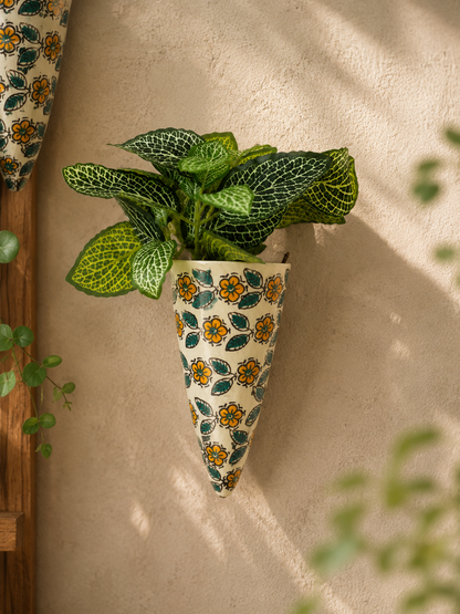 Green Leaf Ceramic Bells & Yellow Floral Wall Planter Set