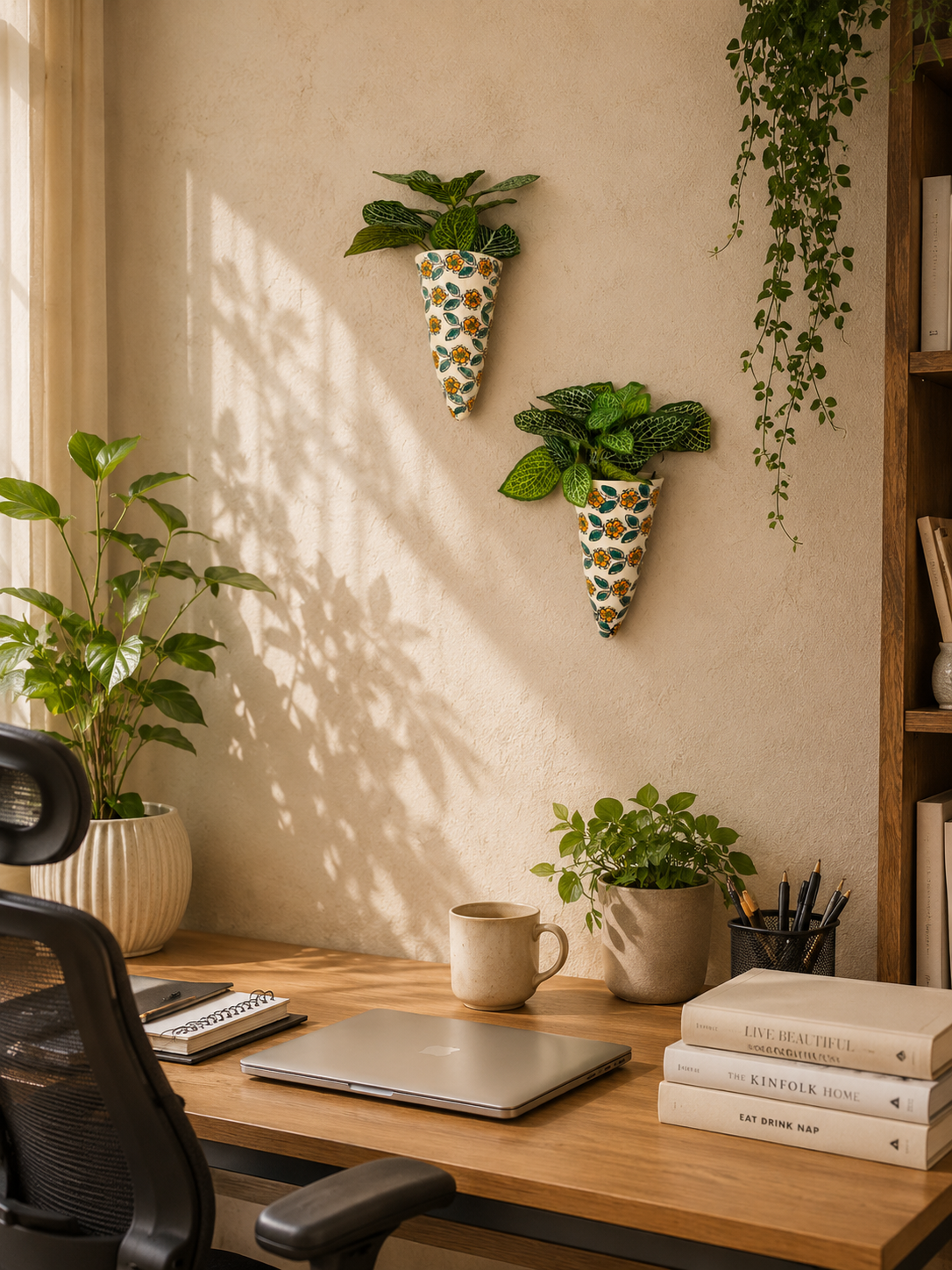Green Leaf Ceramic Bells & Yellow Floral Wall Planter Set