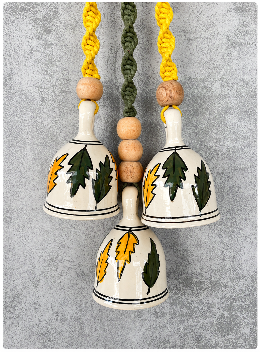 Green Leaf Ceramic Bells & Yellow Floral Wall Planter Set