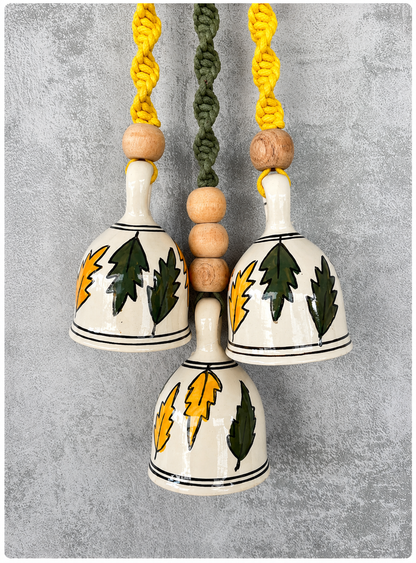 Green Leaf Ceramic Bells & Yellow Floral Wall Planter Set