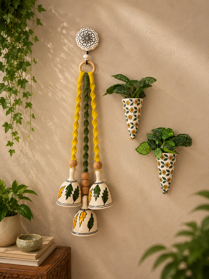 Green Leaf Ceramic Bells & Yellow Floral Wall Planter Set