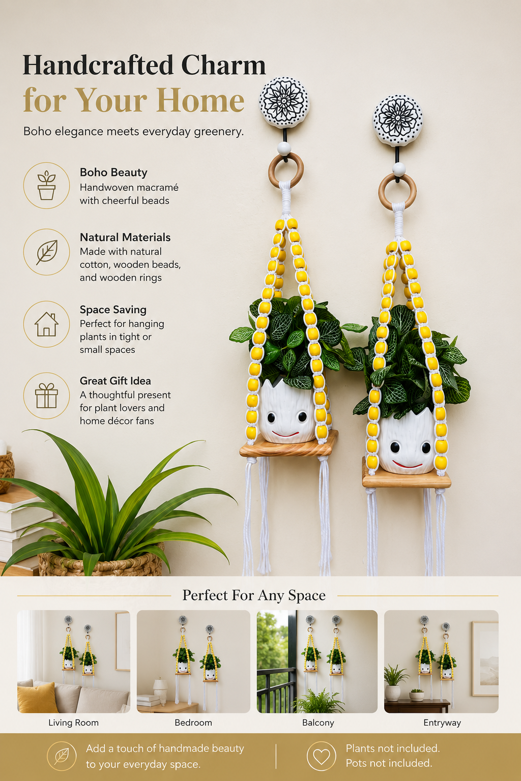 Wooden Boho Beaded Planter Set - Yellow