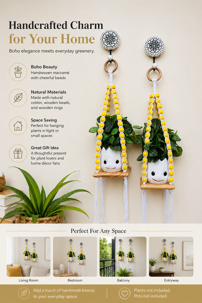 Wooden Boho Beaded Planter Set - Yellow