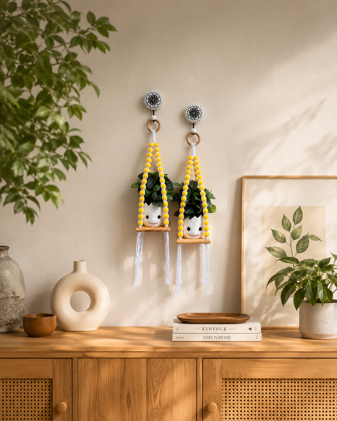 Wooden Boho Beaded Planter Set - Yellow