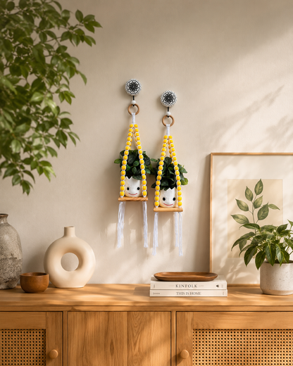 Wooden Boho Beaded Planter Set - Yellow