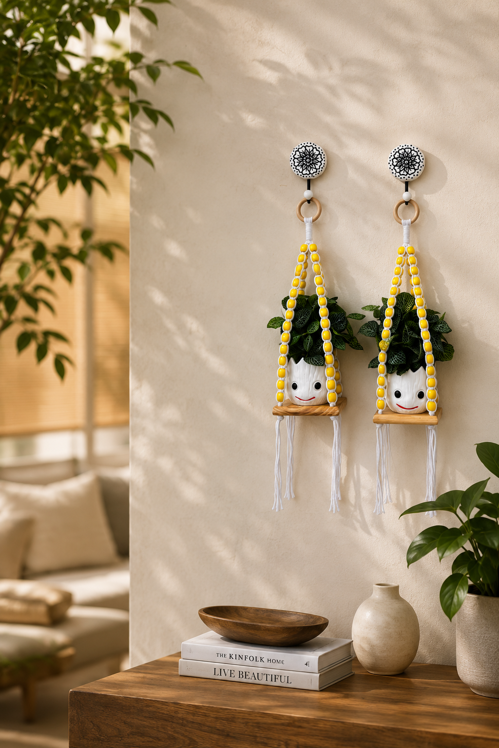 Wooden Boho Beaded Planter Set - Yellow