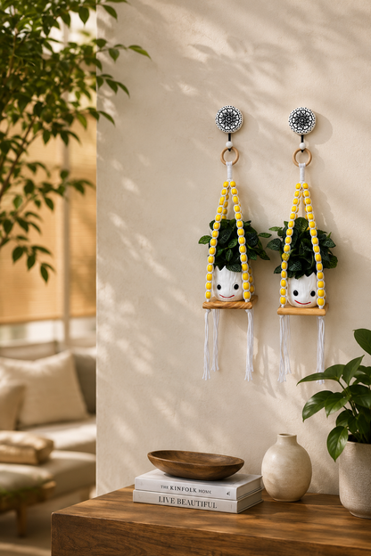 Wooden Boho Beaded Planter Set - Yellow