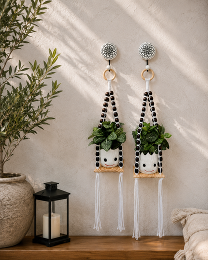 Wooden Boho Beaded Planter Set - Dark Brown