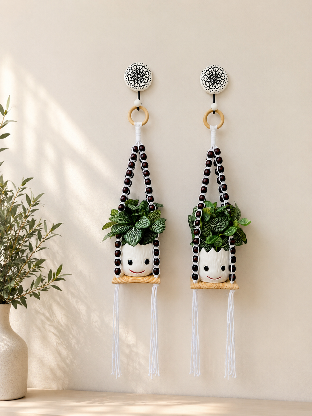 Wooden Boho Beaded Planter Set - Dark Brown