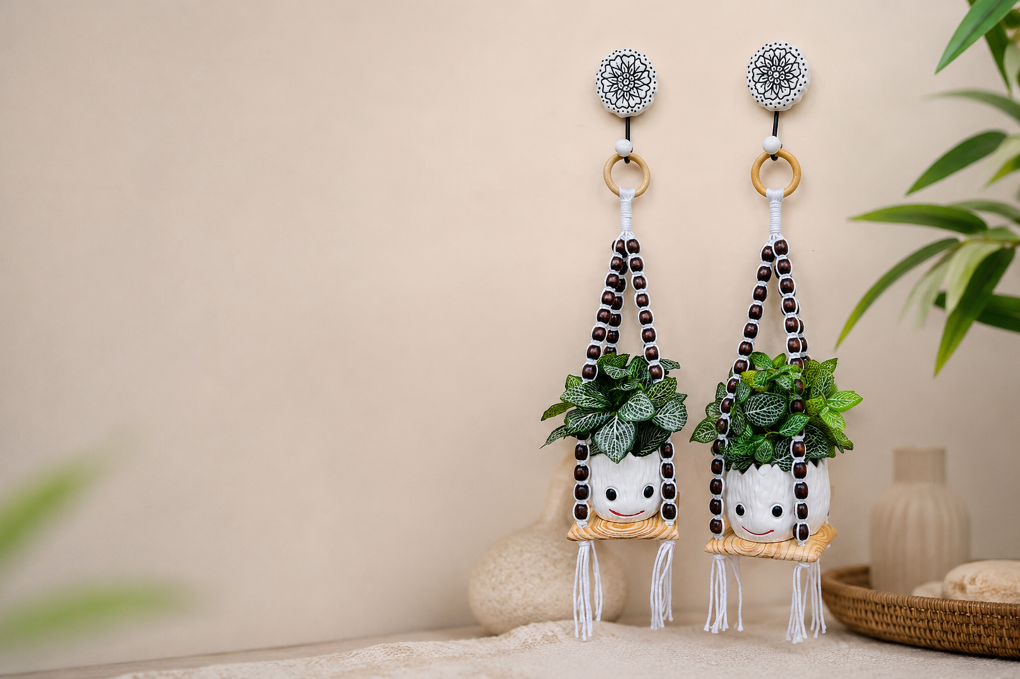 Wooden Boho Beaded Planter Set - Dark Brown