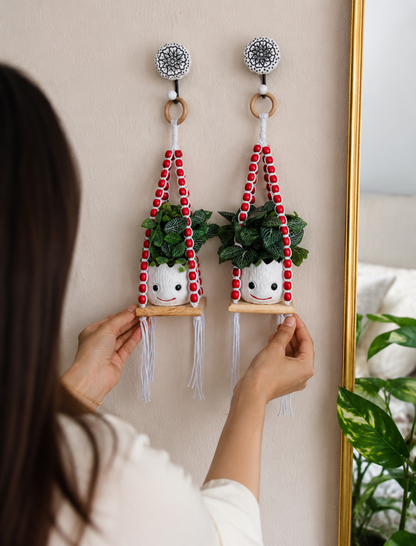 Wooden Boho Beaded Planter Set - Red