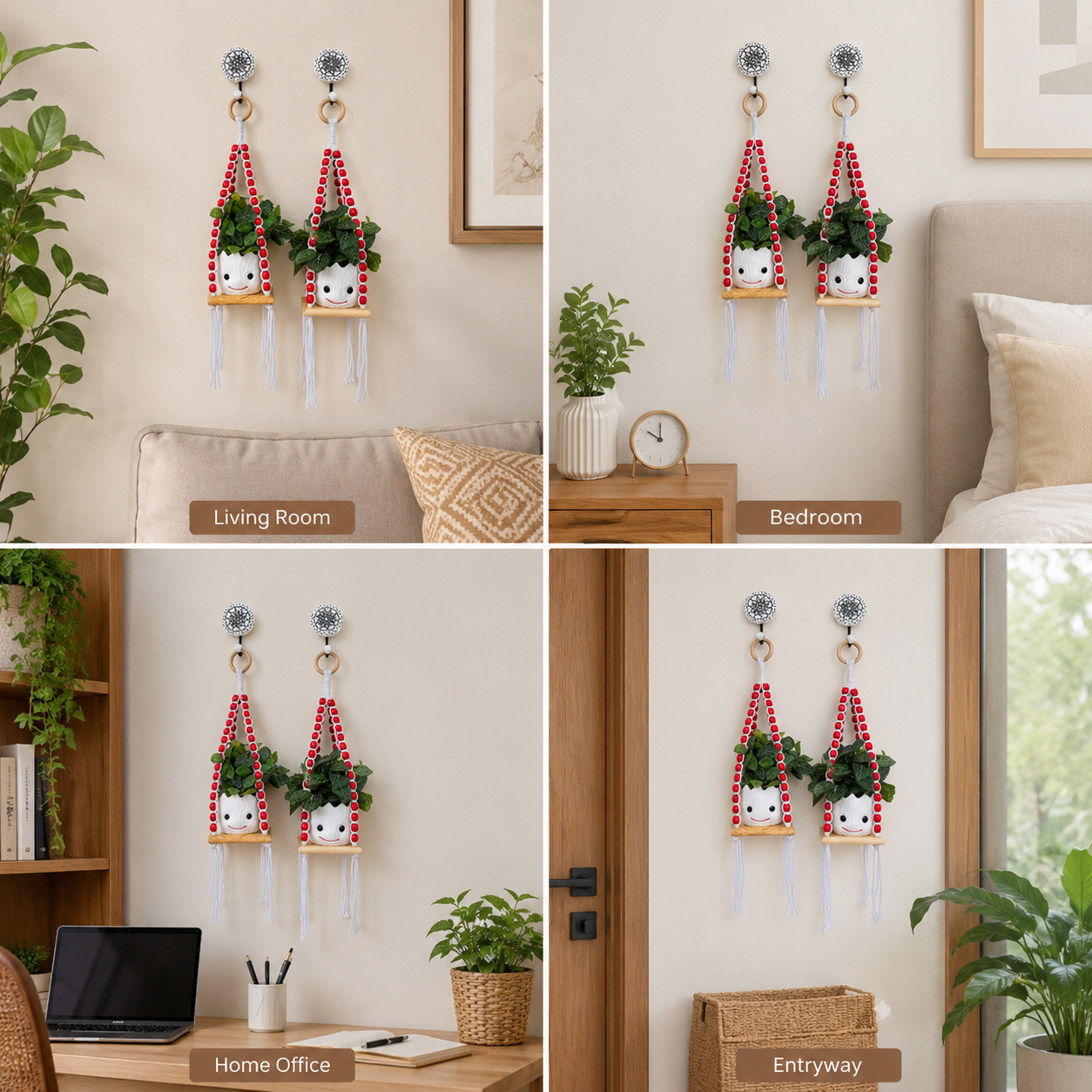 Wooden Boho Beaded Planter Set - Red