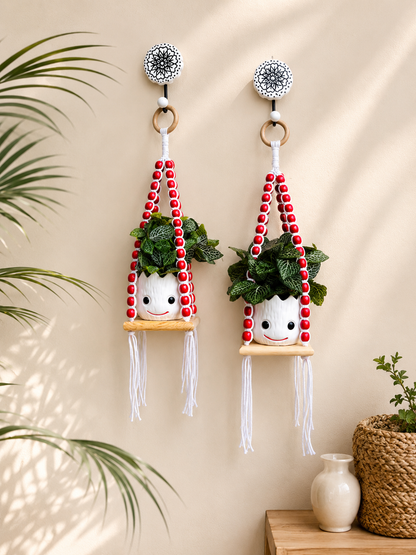 Wooden Boho Beaded Planter Set - Red