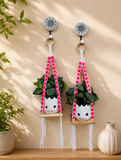 Wooden Boho Beaded Planter Set - Pink