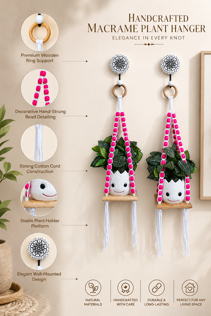 Wooden Boho Beaded Planter Set - Pink