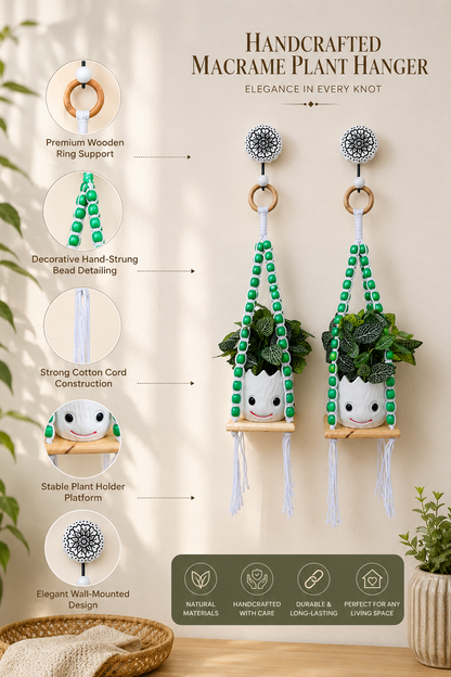 Wooden Boho Beaded Planter Set - Green