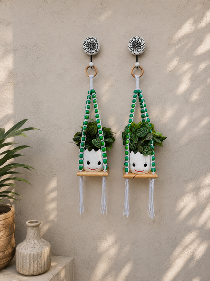 Wooden Boho Beaded Planter Set - Green