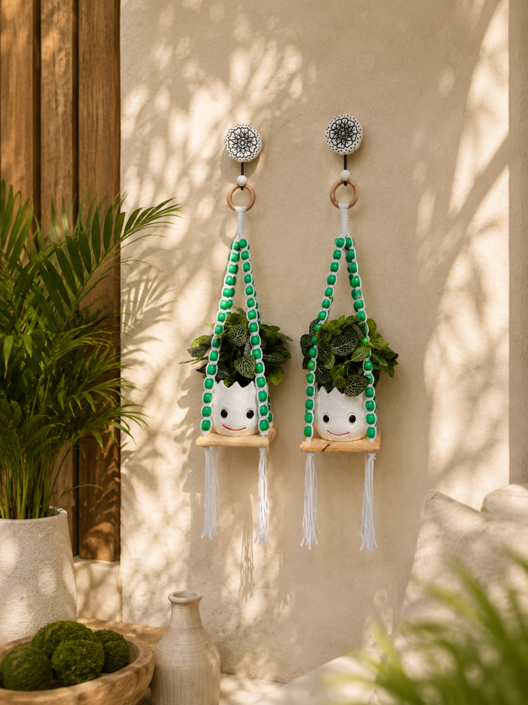 Wooden Boho Beaded Planter Set - Green