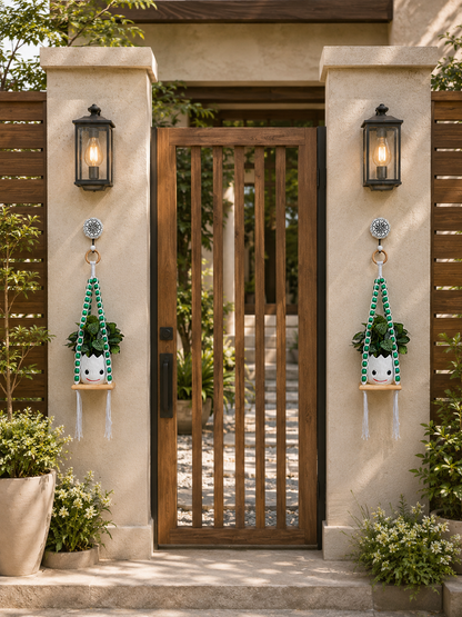 Wooden Boho Beaded Planter Set - Green