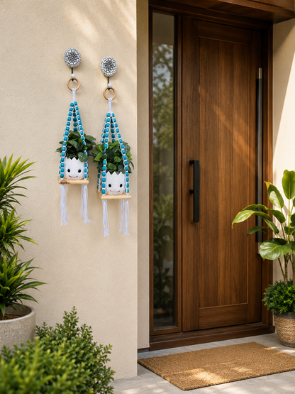 Wooden Boho Beaded Planter Set - Blue