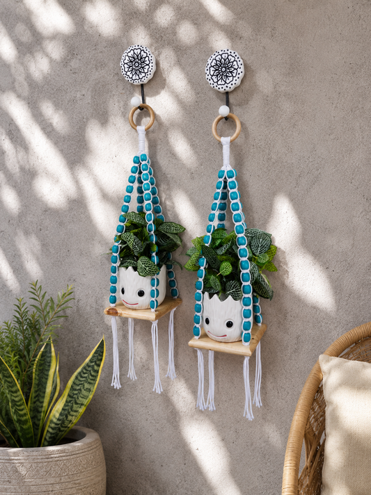 Wooden Boho Beaded Planter Set - Blue