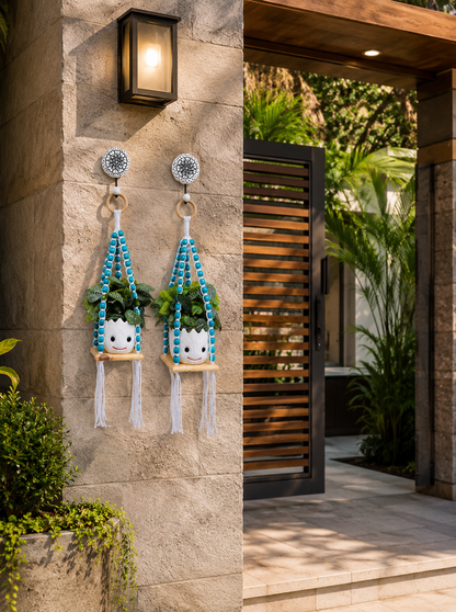 Wooden Boho Beaded Planter Set - Blue