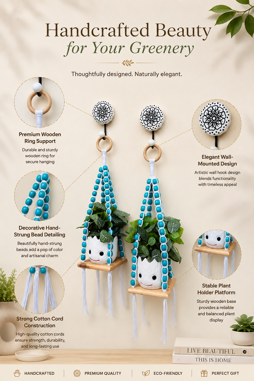 Wooden Boho Beaded Planter Set - Blue