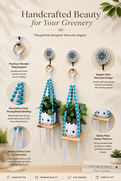 Wooden Boho Beaded Planter Set - Blue
