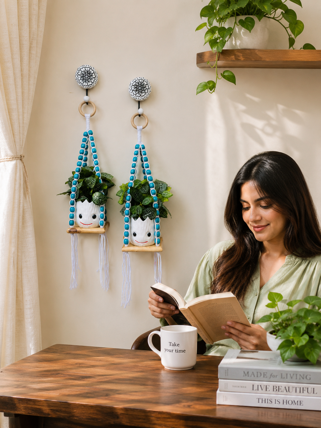 Wooden Boho Beaded Planter Set - Blue
