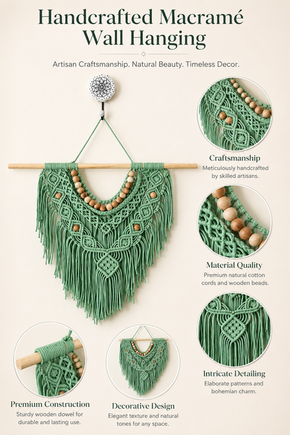 Boho Macramé Wall Hanging – Sage Green