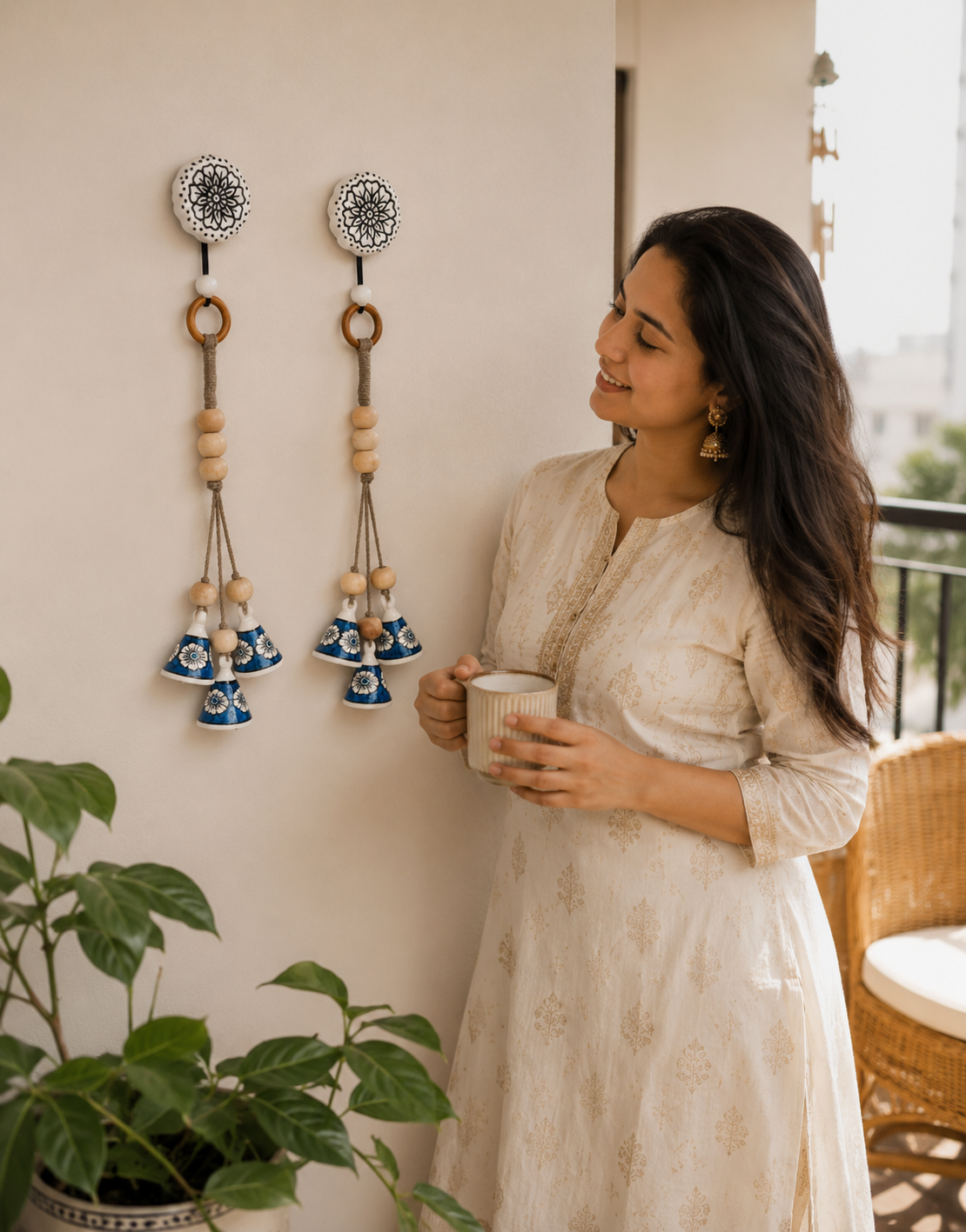 ZenBloom Floral Bell Hanging – Blue (Set of 2)