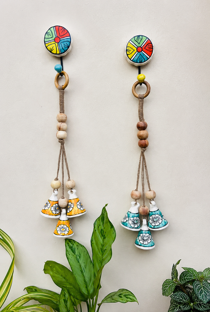 ZenBloom Floral Bell Hanging – Green & Yellow  (Set of 2)