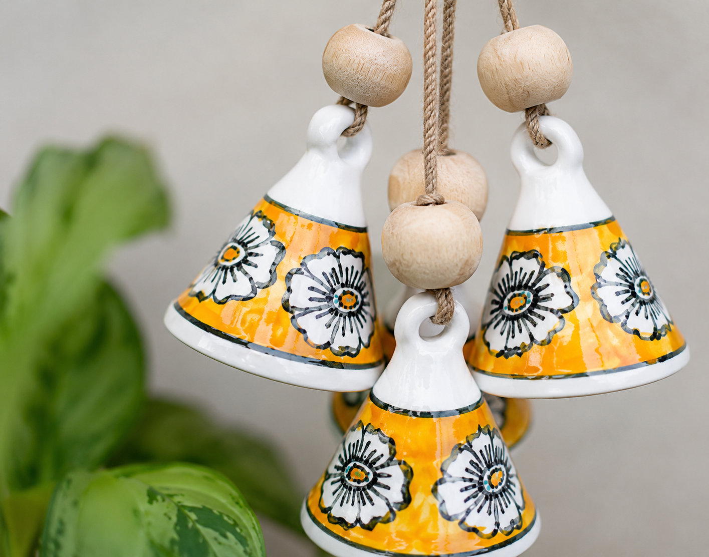 ZenBloom Floral Bell Hanging – Green & Yellow  (Set of 2)
