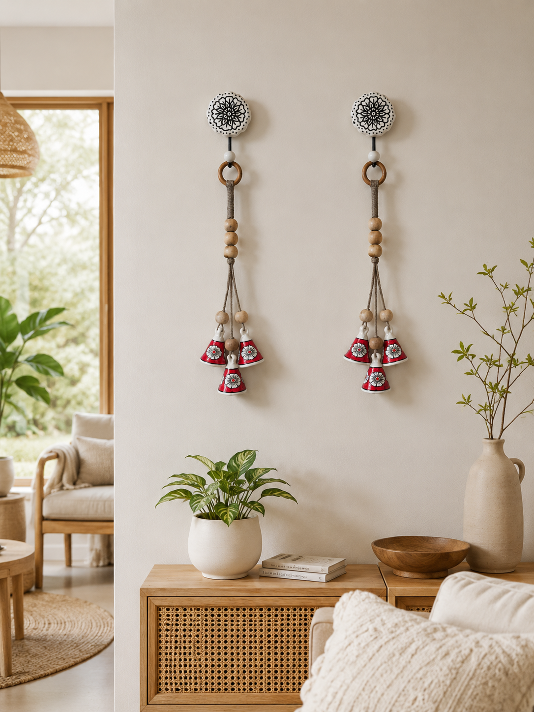 ZenBloom Floral Bell Hanging – Red (Set of 2)